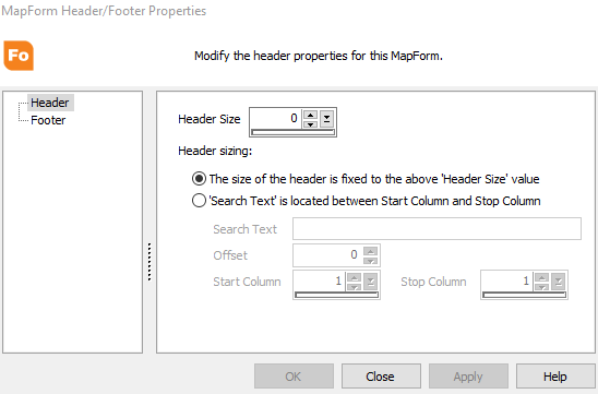 Map form header/footer properties dialog. Header is selected from the tree on the left. On the right, you can adjust the header size and choose to keep the header size fixed to the number you specify, or you can offset the search text between the start and stop columns.